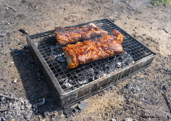 Small Grill Portable Barbecue Meat Bbq Flame Smoke Mini Barbecue — Stock Photo, Image