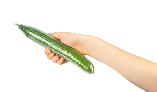 Kunststoffverpackte Gurke Isoliert Gemüse Folienverpackung Folienverpackung Lebensmittel Essen Kunststoffkonzept Weißer — Stockfoto