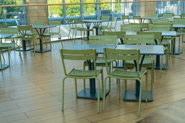 Étterem Asztal Üres Kávézó Asztalok Bisztró Seat Bár Terasz Kültéri — Stock Fotó
