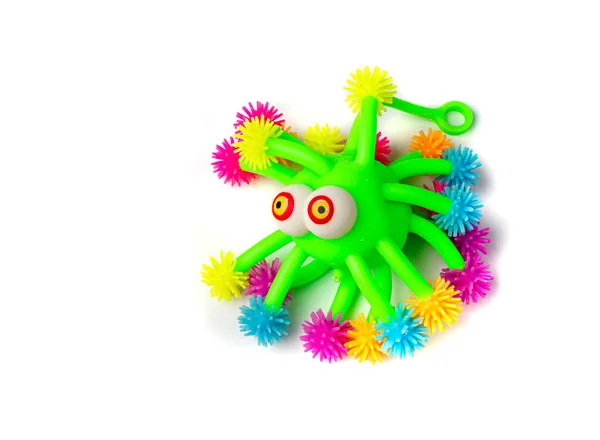 采购产品色彩艳丽的玩具 彩色的压榨抗压玩具 弹性带上的软的压榨蜘蛛 彩色塑料泡球 有趣的灯笼球 橡胶怪兽刺猬 — 图库照片#