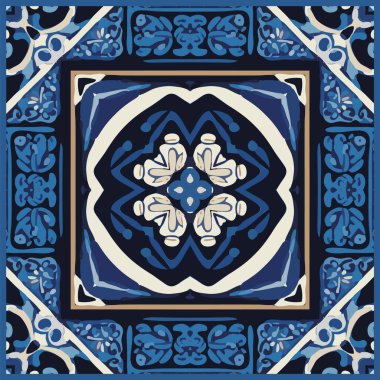 Mavi Döşeme Arkaplanı, Eski Fasion Retro Azulejo Mozaik Döşemesi, Eski Portekiz Duvarı Kusursuz Seramik Şablonu, Mavi Soyut Çiçek Döşemesi