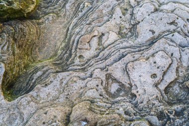 Taş dokusu, erozyon katmanlı okyanus kıyısı kaya deseni, gri ve kahverengi gölgeler, yeşil yosun ipuçları, pürüzlü ve yıpranmış yüzey dokusu