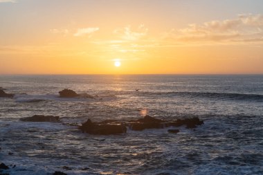 Sea Sunrise, Morning Ocean, Red Dramatic Sunset in Clouds, Orange Horizon in Golden Hour, Beautiful Sea Sunrise Vacation Concept