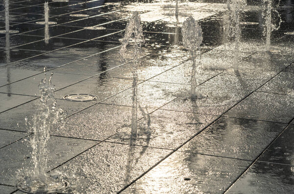 Fountain Water Texture Background, Falling Fresh Fountain Jets, Waterfall Splash Pattern, Summer Park Waterfalls Motion, Artificial Park Stream, Hot in City Concept, Fountain Water Texture Background