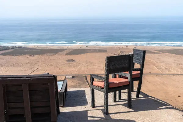 stock image Marrakech Restaurant Table Ocean View, Empty Moroccan Cafe Tables, Authentic Exotic Wicker Furniture Bistro Seat, Bar Terrace, Outdoor Restaurants for Tourists