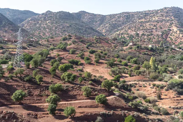 Stock image Morocco semi-deserts and mountains, north africa nature, Moroccan stone desert, red hills, villages and argan trees groves, Marrakech Agadir road landscape from bus window view