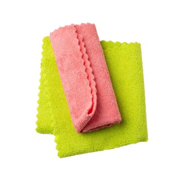 Temizlik bezi yığını izole edildi. Mendil, temiz mikrofiber havlu, pamuk peçete, mikrofiber kumaş, beyaz arka plan manzaralı mutfak bezleri.