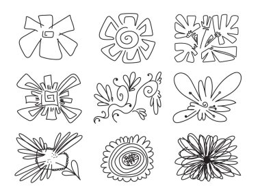 El çizimi çiçek grunge elementleri. Çiçeklerin karalama çizimi, çiçekli karalama tasarımı, siyah beyaz geçmişe dönük çizim, vektör illüstrasyonu