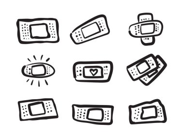 Sargı bezi simgesi, el çizimi tıbbi yama sembolü, yara bandı silueti, mürekkep fırçası yapıştırıcı sıva, siyah bandaj yamaları beyaz arkaplanda düz simgeler, vektör çizimi