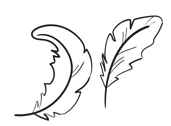 Bird feather hand drawn icon, flying dove feathers isolated, doodle soft plume silhouette, brutal, crudely drawn feather vintage ink vector illustration