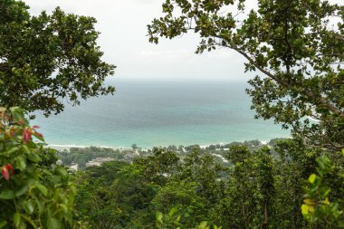 Beau Vallon, Seyşeller, 2 Şubat 2025: Tepeden Beau Vallon Sahili panoramik manzarası, yemyeşil evler ve arka plandaki turkuaz okyanus.