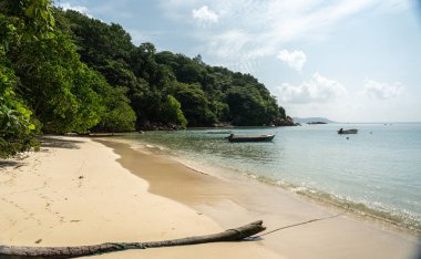 Praslin, Seyşeller, 3 Şubat 2025: Praslin, Seyşeller 'deki Anse Marie Louise plajı, sakin su, balıkçı tekneleri, tropikal yeşillik ve kumlu sahil yayın görüntüsü
