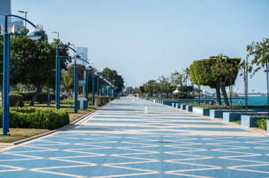 Abu Dabi, BAE, 29 Ocak 2025: Abu Dabi 'nin Corniche' sinde mavi asfalt, ağaçlar, sokak lambaları ve kıyı manzaralı geniş bir gezinti alanı