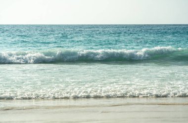 Berrak turkuaz dalgalar, sakin bir kumsalda, tropik bir ada sahilinde, Seyşeller 'in doğal deniz manzarasını gözler önüne seriyor.