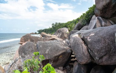 La Digue Adası 'ndaki sahil şeridi boyunca büyük granit kayaların altından geçen ahşap tahtalarla kaplı engebeli patika manzarası arka planda okyanus bulunan tenha bir sahile doğru gidiyor.