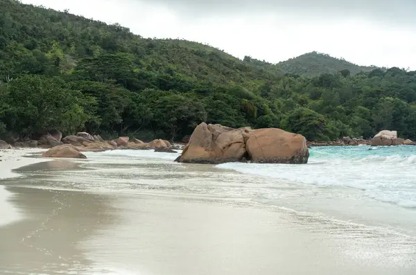 Praslin Adası, Seyşeller 'deki tropik plaj turkuvaz okyanus dalgaları, bereketli orman tepeleri, kayalık kıyı şeridi ve bulutlu gökyüzü vahşi doğayı, egzotik cenneti ve mükemmel seyahat manzarasını yakalıyor.