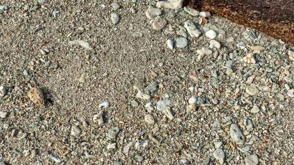 Kırık kabuklu kumsal dokusu, mercan parçaları ve Seyşeller adası sahilindeki küçük taşlar doğal pürüzlü yüzeyi ve okyanus girişini gösteriyor.