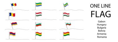 Tek sıra ulusal bayrak, Gabon, Macaristan, Bulgaristan, Bolivya, Ermenistan, Romanya tek çizgi sembolü, amblem, tekel çizimli vektör çizimi