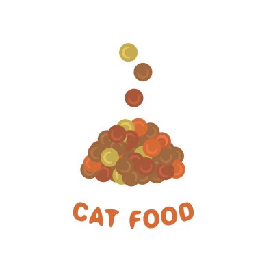 Kuru hayvan mamaları, düşen renkli kedi mamaları, et ve sebze topları, kedi proteini kroket yemeği, yemek taneleri, kırmızı, yeşil ve kahverengi toplar vektör ilülasyonu