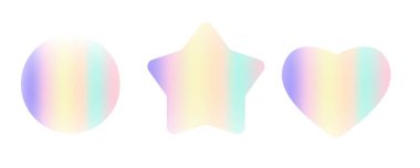 Gökkuşağı kalbi, yıldız ve daire simgesi seti, pastel renkli aşk sembolü. Kalp şeklinde gradyan gurur tasarımı, lgbt vektör illüstrasyonu