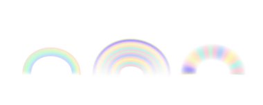 Pastel tek boynuzlu at gökkuşağı izole edildi. Şiddetli yağmur yayı seti, tek boynuzlu at gökyüzü. Rüya fantezi grafikleri deseni, şeker rengi koleksiyonunda pastel hologram soyut gökkuşakları, vektör illüstrasyonu