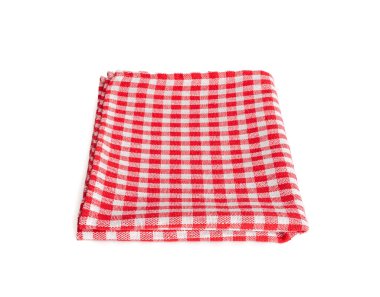 Piknik masası örtüsü izole edilmiş, katlanmış peçete, kırmızı beyaz masa örtüsü, Gingham desenli mutfak havlusu, restoran bulaşık bezi, beyaz arka planda piknik masası örtüsü