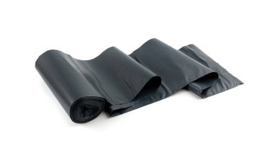 Garbage Bag Roll Isolated. Trash Package, New Rolled Plastic Bin Bags, Black Polyethylene Waste Container on White Background