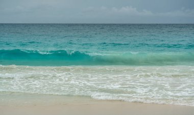 Tropik turkuaz dalgalar Seyşeller 'deki kumlu plajlara yuvarlanıyor, köpüklü sörf, sakin ufuk ve vahşi egzotik güzellik, yaz yolculuğu, macera, rahatlama ve kıyı manzaraları için mükemmel.