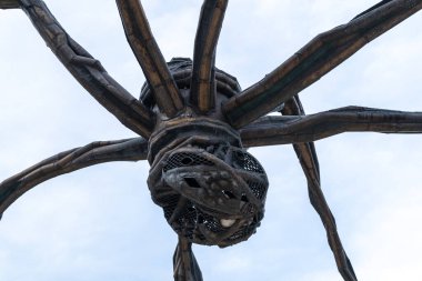 Bilbao, İspanya, 4 Nisan 2024: Bilbao 'daki Guggenheim Müzesi yakınlarında Louise Bourgeois tarafından yapılan Maman Örümcek Heykeli' nin alt yüzüne yakından bakın.