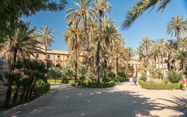 Palermo, İtalya, 18 Kasım 2024: Palmiye ağaçları Palermo, Sicilya 'da turistlerin Akdeniz' de güneş ışığı ve bereketli yeşillikler altında dolaştığı tarihi bir şehir bahçesi.