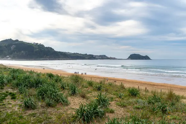 Zarautz, İspanya, 4 Nisan 2024: Sörfçüler ve plajcılar, körfezin karşısındaki ada ve kasaba manzaralı kum tepeleri yakınlarındaki Zarautz plajının keyfini çıkarıyorlar.