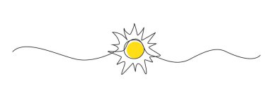 Bir çizgi güneş vektör simgesi. Aralıksız gün ışığı çizgisi, gündoğumu karalaması, yaz tek çizgi çizimi, gün batımı doğrusal logosu, beyaz arkaplanda soyut güneş