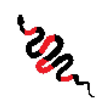 Piksel yılan simgesi, 8 bit Viper sembolü, retro stil hesaplama yılan işareti, kırmızı siyah basit yılan siluet vektör çizimi