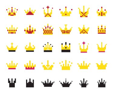 Piksel sanat tacı, 8 bit kral simgesi, retro stil kraliçe sembolü, minimalist prenses tacı mozaik seti, vektör illüstrasyonu
