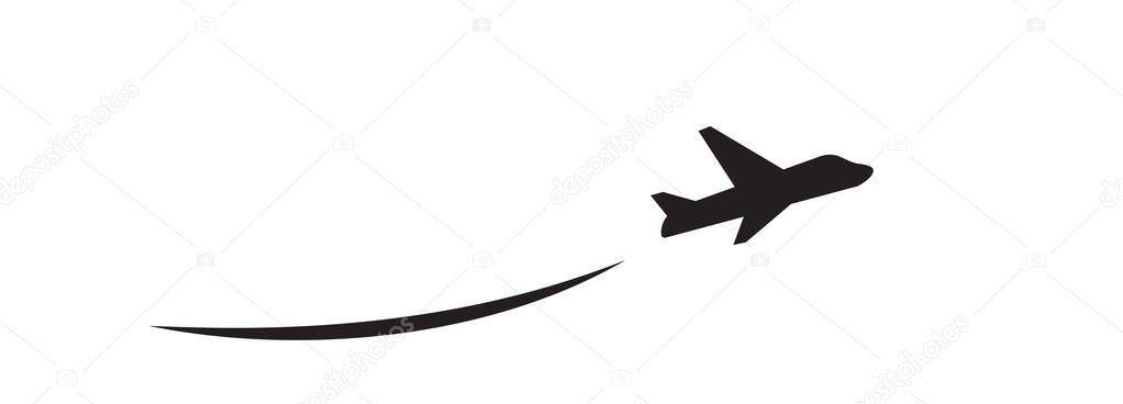 Plane departure vector icon, take off airplane silhouette. Airport simple symbol, black takeoff plane logo, airline pictogram or jet aircraft shape side view isolated