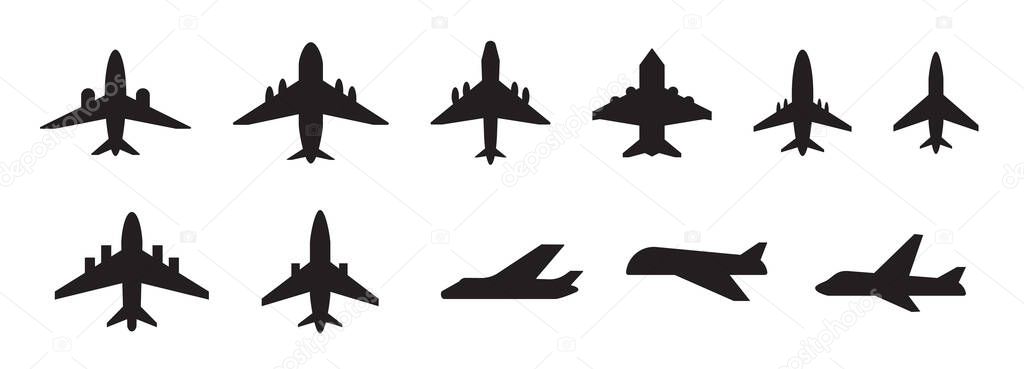 Plane vector icon, airplane silhouette. Airport simple symbol, black plane logo, airline pictogram or jet aircraft shape top side view isolated