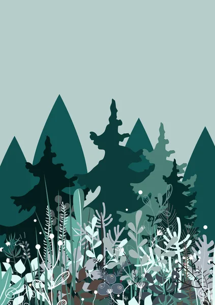 Mglista Ilustracja Lasu Sosny Świerki Krajobraz Tła Magiczne Wiecznie Zielone — Wektor stockowy