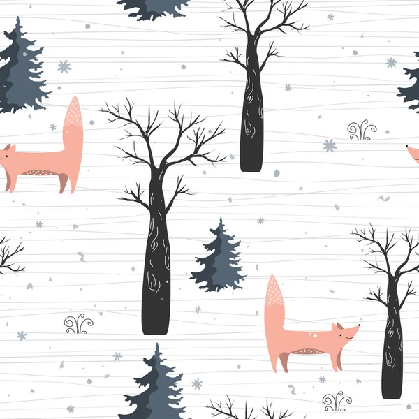 Seamless Pattern Cute Foxes Winter Forest Winter Cartoon Landscape Abstract — Stock Vector