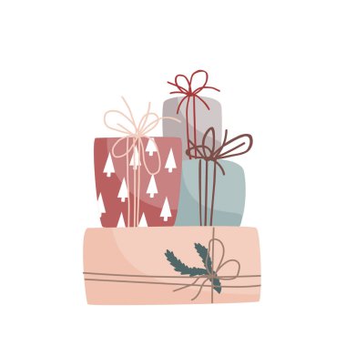 Pastel renklerde Noel hediyeleri. Modern kış dönemi posteri, broşür, duvar tasarımı. Noel tebrik kartı. Vektör illüstrasyonu.