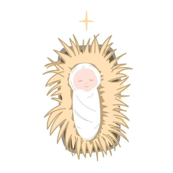 Niño Jesús Acostado Heno Pesebre Sagrada Familia Feliz Icono Navidad — Vector de stock