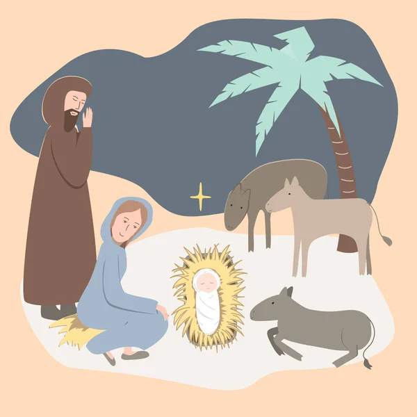 Επίπεδη Απεικόνιση Χριστιανική Γέννηση Σκηνή Παναγία Ιησούς Χριστός Ιωσήφ Ζώα — Διανυσματικό Αρχείο