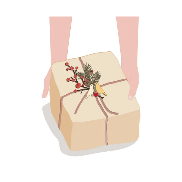 Weibliche Hände Halten Geschenkschachtel Oder Geschenkschachtel Bastelpapier Mit Floralem Dekor — Stockvektor