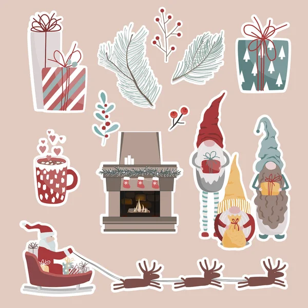 Різдвяний Новорічний Стикер Гарними Символами Санта Клаус Стадом Оленів Подарунковими — стоковий вектор
