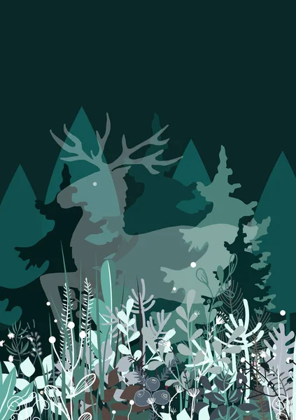 Foggy Forêt Avec Silhouette Esprit Cerf Pin Épinettes Paysage Fond — Image vectorielle
