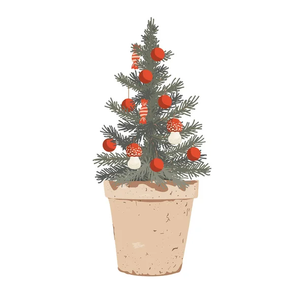 Kleine Potted Kerstboom Versierd Met Kleine Vliegen Agaric Champignons Snoepjes — Stockvector