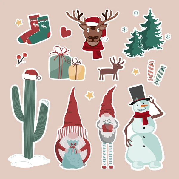Різдво Новий Рік Милий Набір Символів Наклейки Санта Дір Сніговик — стоковий вектор