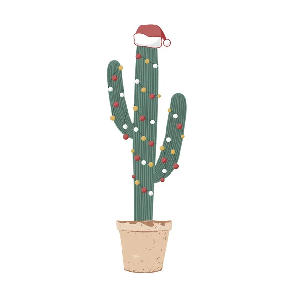 Cactus Pot Noël Décoré Avec Guirlande Chapeau Père Noël Illustration — Image vectorielle