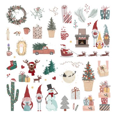 Yeni yıl karikatürleri, karakterler ve objelerle dolu bir Noel seti. Kutlama kartı için büyük Xmas koleksiyonu, kış tatili çıkartmaları, pankartlar.
