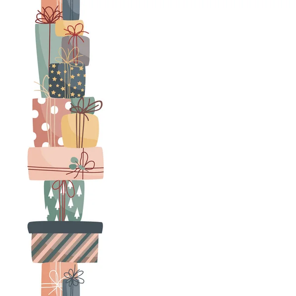 Stilvolle Geschenkboxen Vertikale Grenze Xmas Doodle Nahtloses Muster Vektorflache Illustration — Stockvektor