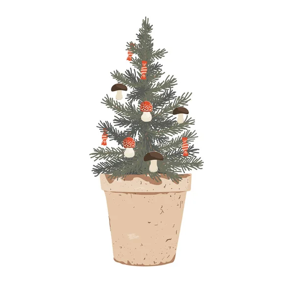 Kleine Potted Kerstboom Versierd Met Kleine Vlieg Agaric Bruine Paddestoelen — Stockvector